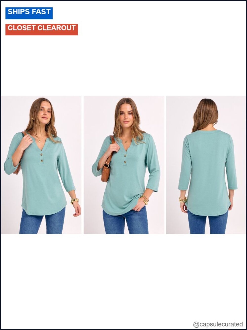 Women 3/4 Sleeve V Neck Henley Tunic Top Loose Fit Office Casual Tee - Picture 6 of 6